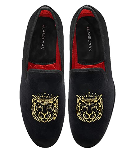 ELANROMAN Black Loafers Men Velvet Dress Shoes with Gold Tiger Head Embroidered Fashion Designer Penny Wedding Party Prom Shoes US 9 EUR 42 Feet Lenght 285mm