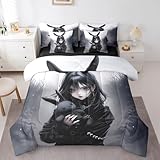 Anime Comforter Set 7 Pieces 3D Japanese Girl Bedding Set Twin,Anime Gifts Sheet Set for Girls,Gothic Cartoon Rabbit Print Sheet Set With Comforter Exotic Style Bed In A Bag for Room Decor,Black