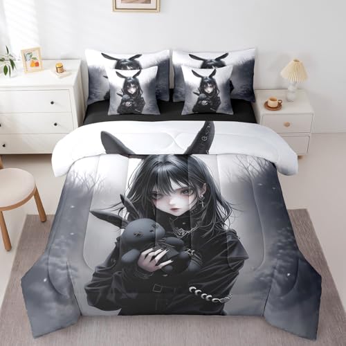 Anime Comforter Set 7 Pieces 3D Japanese Girl Bedding Set Twin,Anime Gifts Sheet Set for Girls,Gothic Cartoon Rabbit Print Sheet Set With Comforter Exotic Style Bed In A Bag for Room Decor,Black