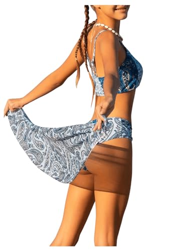 Image of SHENHE Girl's 3 Piece Swimsuit Floral High Waisted Paisley Print Bikini Set with Cover Up Sarong Green 14Y
