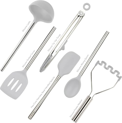 Image of Tovolo Silicone Cooking Utensil Set of 6 Stainless Steel Handle Ladle Slotted Turner Tongs Flex Core Spatula Scraper Mixing Spoon & Potato Masher, Dishwasher Safe BPA Free Utensils, Oyster Gray