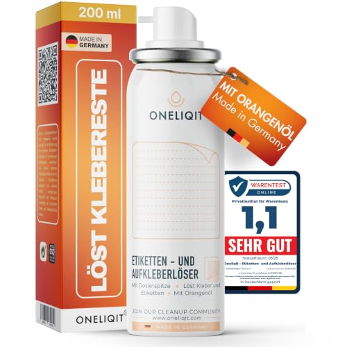 ONELIQIT Etikettenentferner Etikettenlöser Klebereste Entferner mit Orangenöl 200ml für das einfache Entfernen von Etiketten Aufklebern Vignetten & Klebstoffen