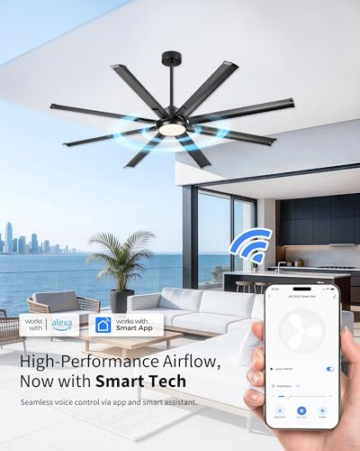 Image of 72 Inch Ceiling Fan With Light,Industrial Ceiling Fan With 8 Aluminium Metal Blades,Smart Fan Work with Alexa,Garage Indoor Fan For Living Room and Patio,CF04BK-72