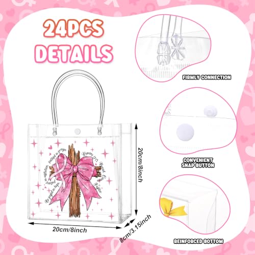 Image of Teenyyou 24 Pcs Breast Cancer Awareness PVC Gift Bags, Christian Bible Verse Romans 12: 12 Inspirational Treat Bags, Pink Ribbon Faith Goodie Containers for Breast Cancer Charity Party Favors