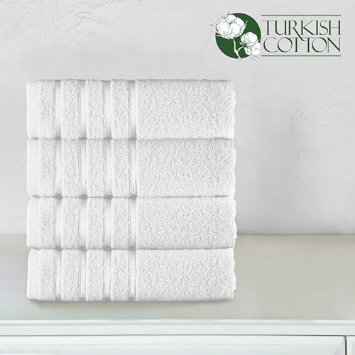 Image of Elegant Comfort 100% Turkish Cotton 4 Lines Viscose Stripe Luxury 4 Pack Hand Towel Set - Ultra Absorbent and Soft 16 x 28 Inch Premium Hotel Spa Quality Towels for Everyday Bath Use, White