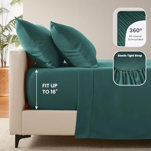 SLEEP ZONE Nanotex Super Soft Cooling King Bed Sheets Set 4 Piece - Easy Care Fitted Flat Sheet & Pillowcase Sets - Wrinkle Free, Fade Resistant, Deep Pocket 16" (Teal, King)