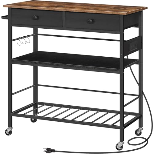 Image of HOOBRO Kitchen Island with Storage, Rolling Island Cart for Kitchen with 2 Drawers & Outlet, 3 Tier Coffee Station and Microwave Stand, Kitchen Island Table for Home, Rustic Brown and Black FB08UZD01