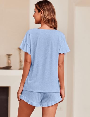 Image of Ekouaer Women's Pajama Set Ruffle Sleeves Top and Short Soft 2 Piece Loungewear Set