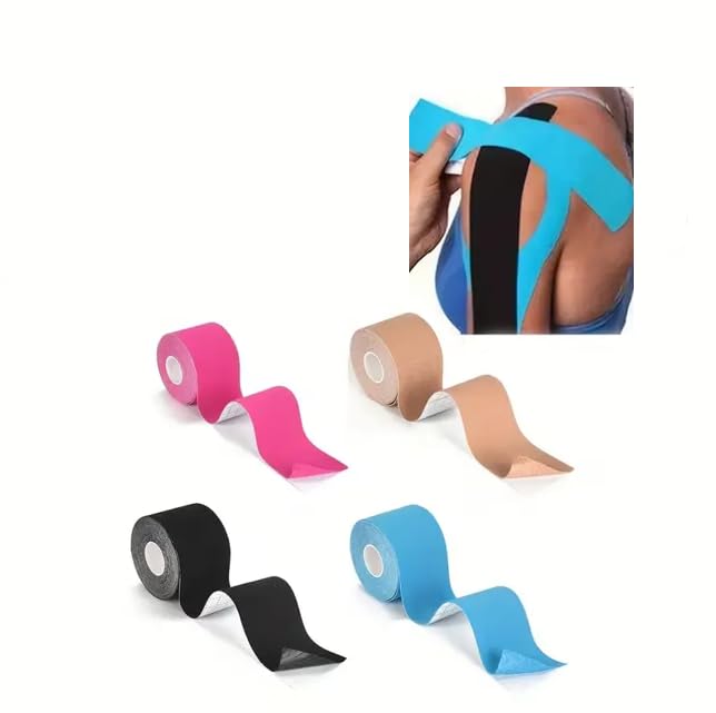 4 Rollos Cinta de Kinesiología Kinesiotape Set 5 m x 5 cm,Cinta deportiva elástica terapéutica para hombros, rodilla, codo, alivio del dolor, sin látex, resistente al agua, transpirable