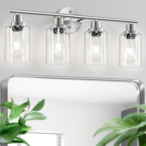 Image of 4-Light Nickel Bathroom Light Fixtures, E26 Modern Vanity Lights for Bathroom with Clear Glass Shade, Wall Lamps for Mirror Hallway Kitchen Cabinet Living Room Sconces Lights