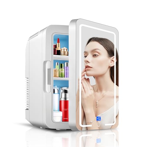 Image of FOCHIER F Mini Fridge Portable 12L Skincare Fridge Compact Small Makeup Refrigerator with Dimmable LED Light Mirror Digital Display Cooler and Warmer AC/DC Powered for Bedroom Office Car White