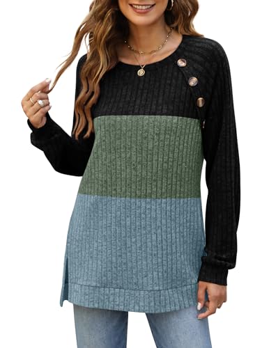 Image of Bofell Long Sleeve Shirts for Women Lightweight Button Decor Tunic Tops Side Split