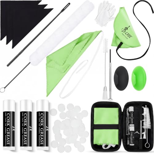 Image of Vesici 40 Pcs Flute Cleaning Kit, Flute Care Accessories Set,Green | Portable Music Accessory Organization with Cleaning Rod, Swab, Brush, Grease, Case, Thumb Rest Cushion for Flute Maintenance
