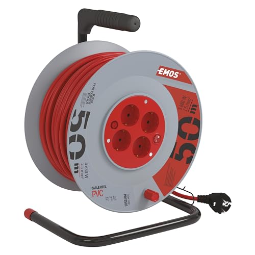 Kabeltrommel EMOS mit 50 m Kabel und Schalter, 4 Schuko Steckdosen