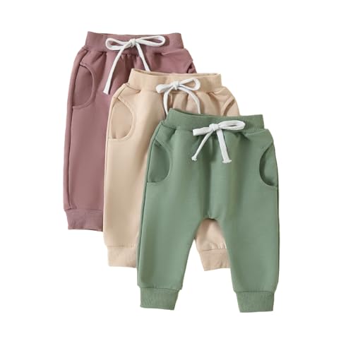 Image of Qmlyev Baby Boys Girls 3 Pack Sweatpants Toddler Solid Elastic Waist Bottom Joggers Pants Unisex Newborn Infant Trousers