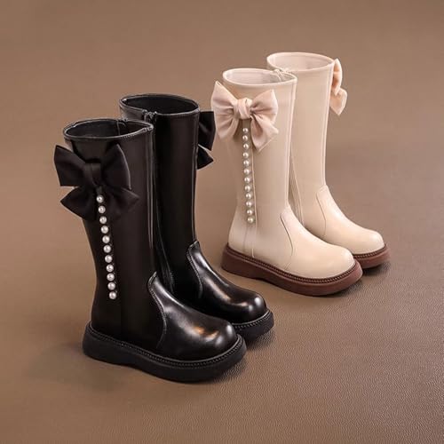Girls Bow Ridding Boots Non-Slip Side Zipper Pearl Down PU Leather Boots Knee High Birthday Party Princess Shoes3