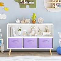 Kids Bookshelf Toy Storage Organizer with 3 Collapsible Fabric Drawers and Pine Legs Purple Bookshelf Children's Book and Toy Display Organizer Cabinet Wooden Bookcase for Kids Nursery Room, Playroom