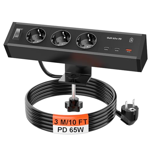 Tischsteckdose mit 2 USB C GaN PD 65W, 3 Fach Steckdosenleiste Schreibtisch 3M Kabel, Aluminum Steckdose Schreibtisch Klemmbar, Tischsteckdose Mehrfachsteckdose für Möbel oder Arbeitsflächen