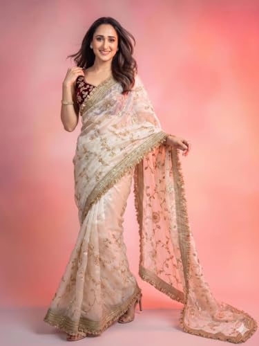 Image of 'Women's Space Sattin Bits Sequence Work Saree With Contrast Running Blouse | Embroidered Work Saree with Golden Floral Thread Work & Designer Border | Party Wedding Saree