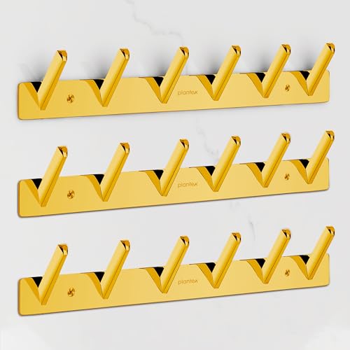 Plantex Wall Hooks for Hanging Cloth/Stainless Steel Towel Hangers/Bathroom Robe Hooks/Door Hangers/Square Wall Hook/Hook Rail for Hanging Keys - 6 Hooks (Pack of 3, PVD Gold)