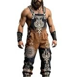 YAPAZULU Salopette Homme Vikings Mythologie Nordique Pantalon de Travail Imprimé Guerrier Scandinave Vintage Camouflage Extérieur Randonnée Multi-Poches Bretelles Réglables Vêtement de Scène