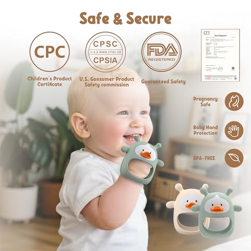 Image of 2 Packs Baby Teething Toys for 3-6 6-12 Months, Food Grade Silicone Teething Mitten, Anti Dropping Wrist Hand Teethers, Never Drop Baby Chew Toys for Sucking Needs, BPA Free (Nude & Green)