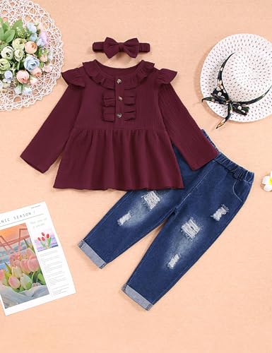 Image of Toddler Girl Clothes Long Sleeve Ruffle Dress Top and Jeans Pants Toddler Girl Fall Outfits