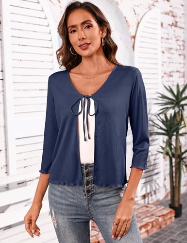 Image of Aiboria Women's Tie Front Shrug 3 /4 Sleeve Ribbed Bolero Lightweight Cropped Cardigan S-XXL