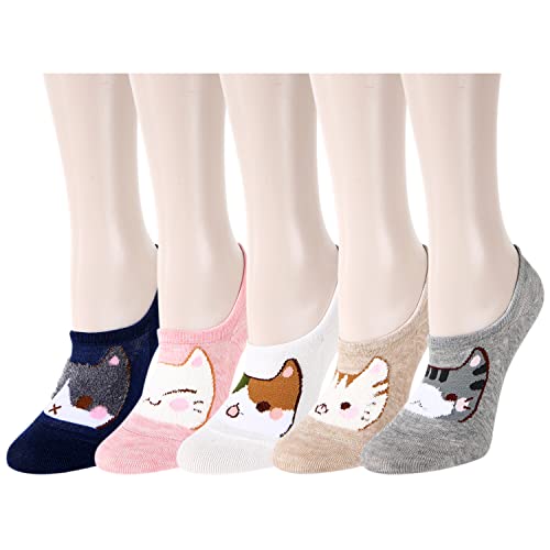 Benefeet Sox Womens Girls Cute No Show Socks Novelty Funny Crazy Cartoon Cat Socks Colorful Animal Patterned Design Low Cut Socks Cotton Non Slip Footie Invisible Short Liner Socks, 5 Pack-Cats #TOP15