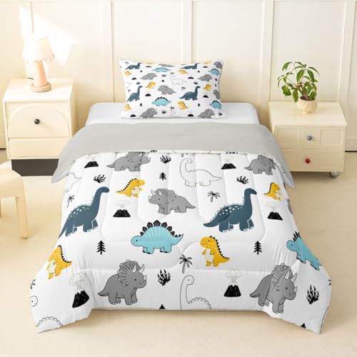 Image of Feelyou Dinosaur Bedding Set Soft for Boys Girls, Cartoon Dino Comforter Set Toddler Size Boho Exotic Style Duvet Quilt Microfiber 3D Wild Animal Pattern Bedroom Decor 2 Pcs with 1 Pillow Cases