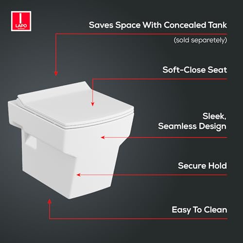 Image of LAPO P Trap Wall Hung Toilet, Ceramic Rimless Commode, Wall Hung Western Toilet With Soft Closing Toilet Seat (White, 19X14X13 Inch)-VOT
