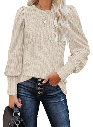 Image of MIHOLL Women's Puff Long Sleeve Shirts Casual Knit Blouses Crew Neck Elegant Tunic Tops