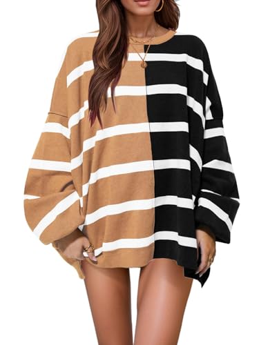Womens Striped Sweaters Oversized Casual Loose Long Sleeve Crew Neck Color Block Lightweight Cozy Sweaters for Women