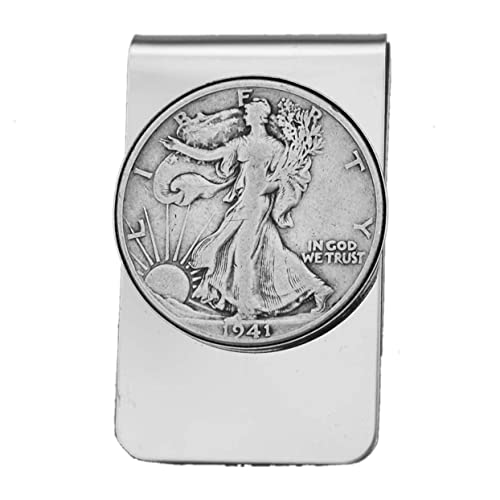 US 1941 Walking Liberty Half Dollar 90% Silver Coin Stainless Steel Money Clip NEW - Silver Plated Coin Bezel