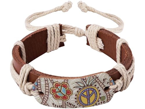 MINACHI Summer Boho Retro Style Rope Braided Cowhide Bracelets, Floral Peace Sign Pendant, Ethnic Jewelry for Women