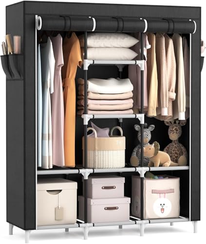 Vicye Armario de Tela para Ropa Plegable, Organizador Ropero con 2 Barra para Colgar, 8 Estantes y 4 Bolsillos Laterales, Marcos Metálicos, Gran Capacidad (Negro 124 x 42 x 162 cm)