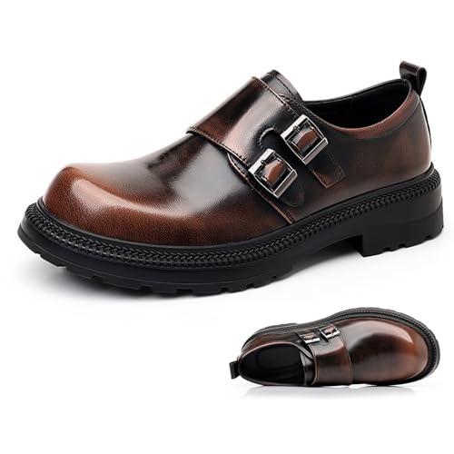 Men's Patent Leather Monk Buckle Loafers Retro Round Toe Double Buckle Lug Sole Non-Slip Slip-On Business Dress Shoes Suitable for Work Wedding Party