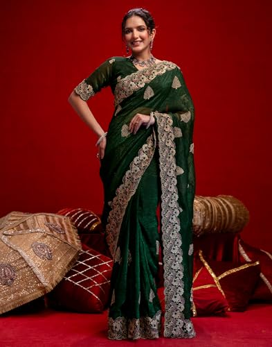Image of SIRIL Women's Shimmer Chiffon Sequence Embroidery Saree With Unstitched Blouse Piece for Wedding and Parties