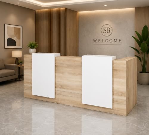 Image of Modern Reception Desk for Office, Hotel, Salon, Clinic, Spa Lobby | Wooden Front Reception Counter Table with White Panels for Workspace & Welcome Area - (RCT-022 LPB L6W2)