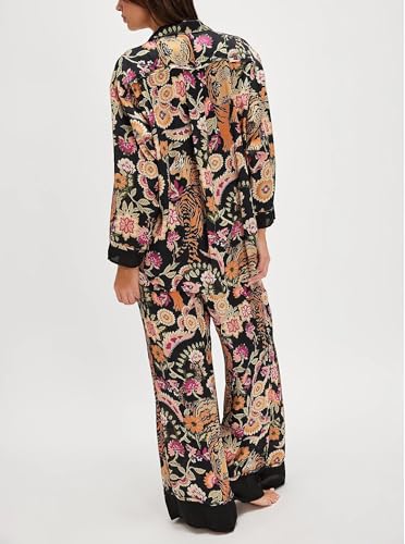 Womens Y2k Silk Pajama Sets Floral Print Long Sleeve Button Down Shirts Wide Leg Pants 2 Piece Lounge Sets3