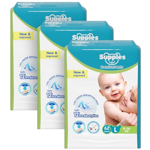 Image of Amazon Brand - Supples Premium Baby Diaper Pants | 186 Baby Diapers | Large | 9-14 Kg | 12 Hrs Absorption | Cushiony Cotton Soft Fabric | Phthalates-Free | Triple Leak Guard | 62 Count, Pack of 3