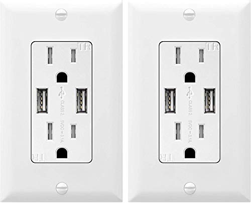 TOPGREENER TU2152A-W-2PCS Wall Outlet with USB, Dual USB Charger Outlet, USB Receptacle, USB Wall Outlet, 15A Tamper-Resistant Duplex Receptacle, Wall Plates Included, White (Pack of 2) …
