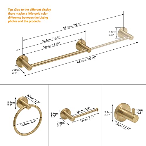 Besy 4 Piece Bathroom Accessories Set (Adjustable 16 To 26 Inch Towel Bar, Towel Ring, Toilet Paper Holder,Towel Hook), Wall Mounted Bath Hardware Accessory Fixtures Set,Stainless Steel/Brushed Gold #TOP5