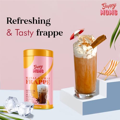 Image of Guppy Moms Masala Chai Frappe | Infused with Ginger, Black Pepper, Nutmeg & Aromatic Masala Granules | 200g Premix Masala Flavor Frappe Tea