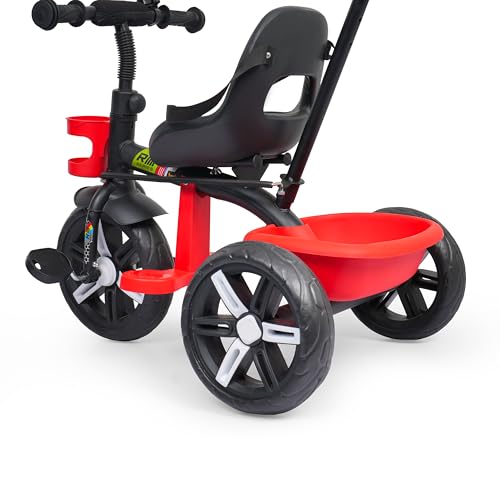Image of Luusa Elite 500 Kids Tricycle with Parent Push Handle & Safety Seat Belt - Premium 3 Wheel Toddler Cycle with Storage Basket & Comfortable Backrest for 1-4 Years Boys & Girls (Black Red)