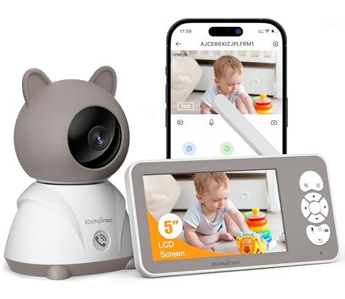Babyphone mit Kamera und App 2K/3MP - 5 Zoll WLAN Baby Monitor PTZ 360° IR Nachtsicht 2-Wege-Audio, Automatische Verfolgung, Weinen/Bewegungs/Geräusch-Erkennung Temperaturüberwachun