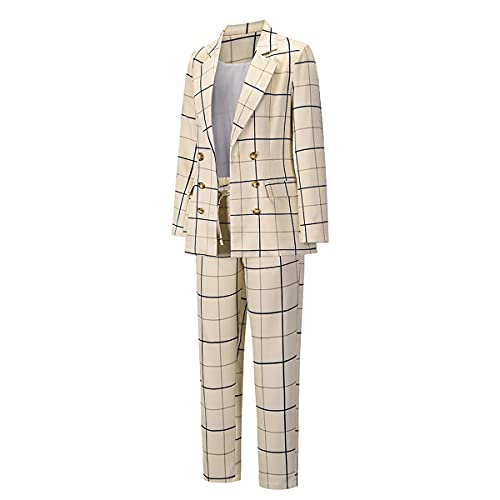 Modful Women's 2 Piece Plaid Suit Set Double-Breasted Lapel Blazer And Elastic Drawstring Pants (Apricot,Medium) #TOP2