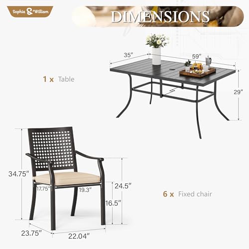 Image of Sophia & William Patio Table and Chairs Set, Outdoor Dining Set for 6, 7 Piece Metal Patio Furniture, 60 inch Black Rectangular Table(Beehive)