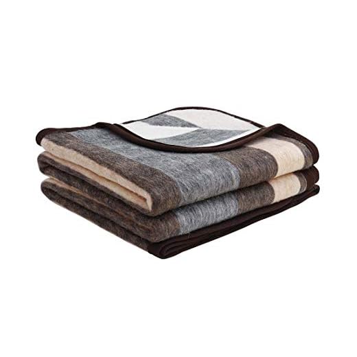 Alpaca Warehouse Alpaca Sheep Wool Blanket King/Full-Queen/Twin Size Thick Heavyweight Comfortably Warm - Great for Outdoor Use - Striped Design (Beige/Brown/Gray, Full/Queen)