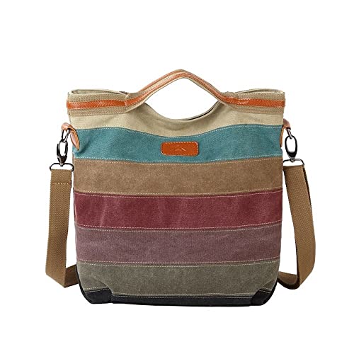 WSLCN Bolsa de Ombro Feminina Listrada de Lona Bolsa Casual da Moda Sacos Sacola Arco Iris